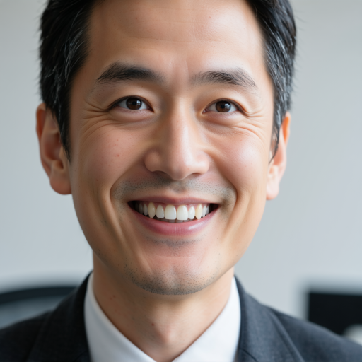 四十五岁左右男性财务总监头像，穿深灰色西装，浅蓝色衬衫，专业商务背景